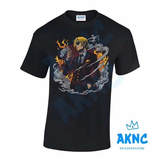 Black Gildan heavy cotton tee, with a Smokin chef design